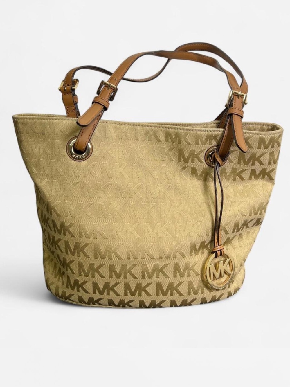 Michael Kors Tan/Beige MK Signature Tote with Leather Straps